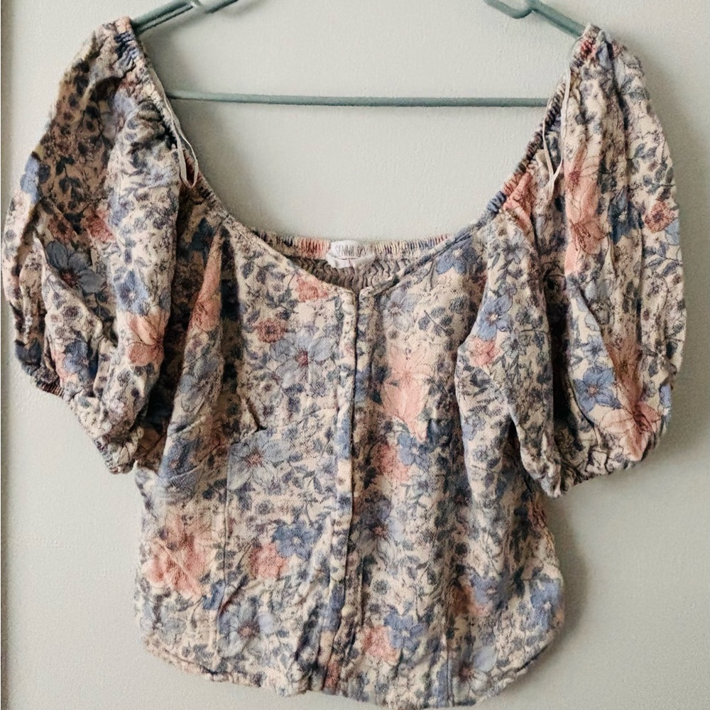 Sienna Sky Floral Puff Sleeve Blouse - Blue and Pink